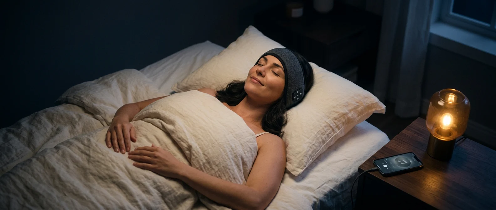 Woman lying down at night, headphones on, hand on chest, shoulders resting