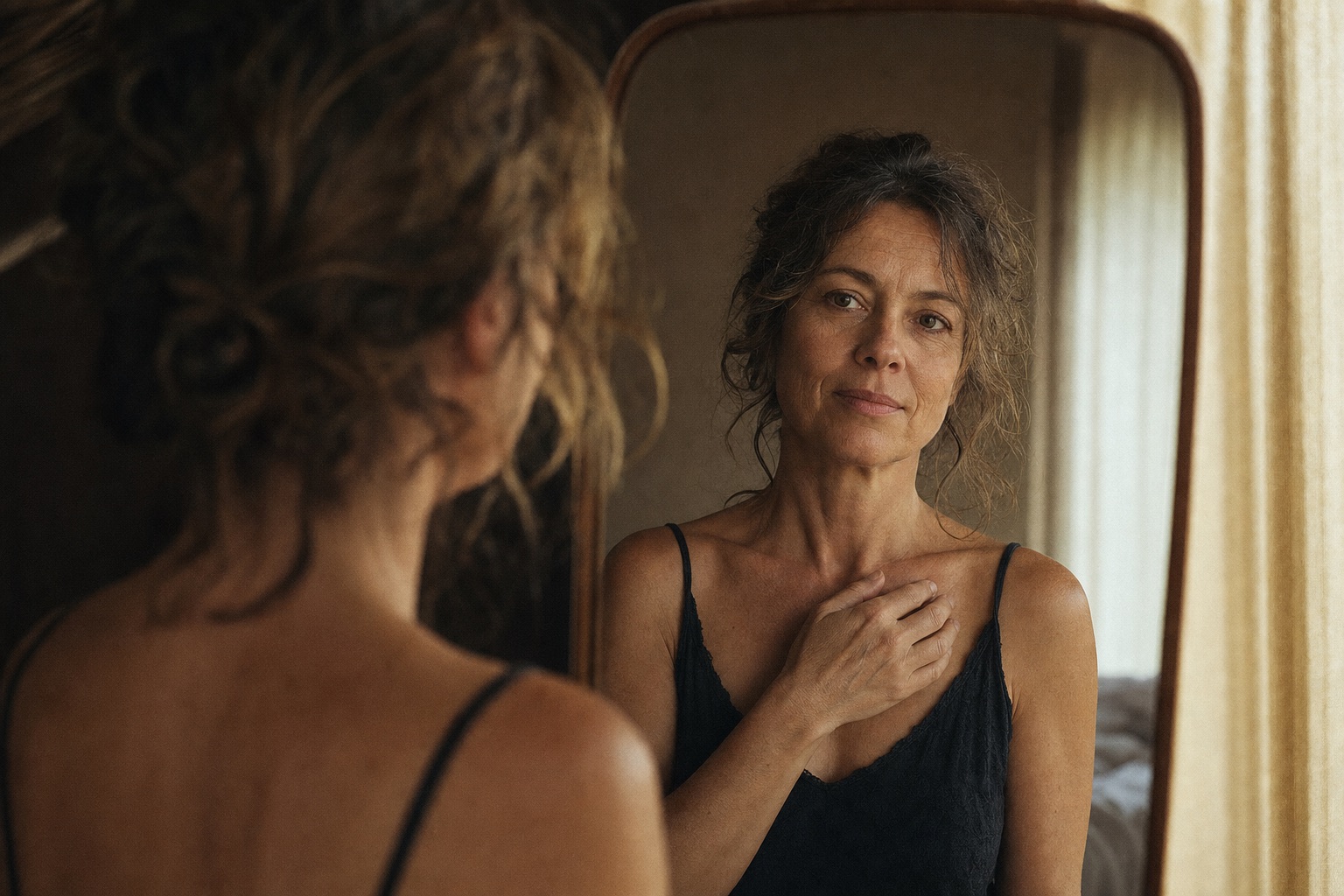 A woman meeting her own reflection softly in a bedroom mirror, hand resting on her collarbone