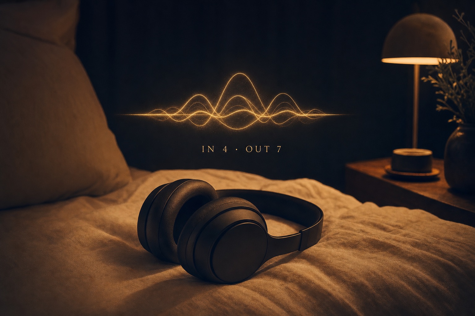 Headphones on linen sheets beneath a glowing golden theta waveform, with the breathing cue: in 4, out 7